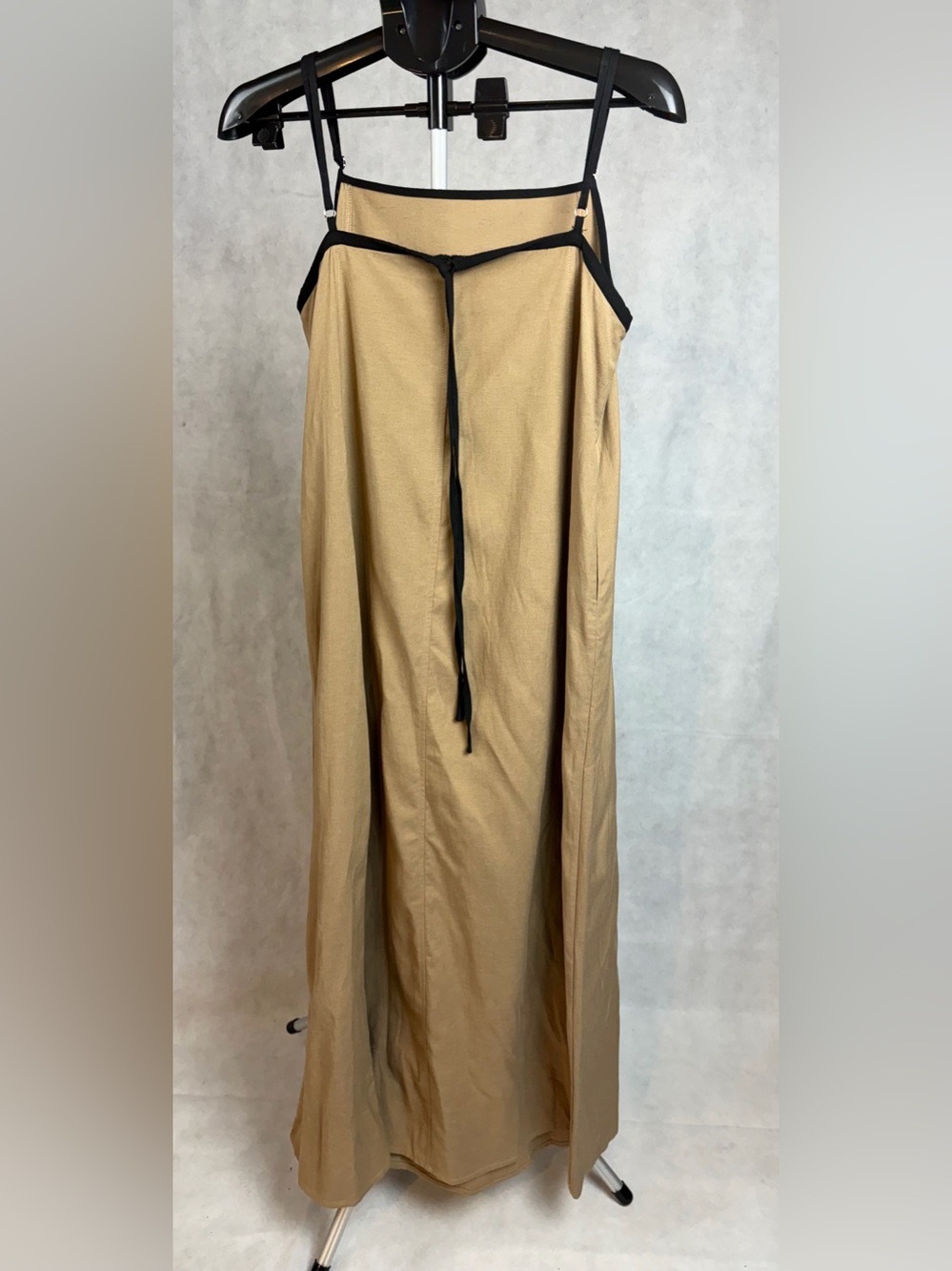 Senllen linen maxi dress Camel brown tan  Black Trim adjustable Size Small NWT - Picture 6 of 15